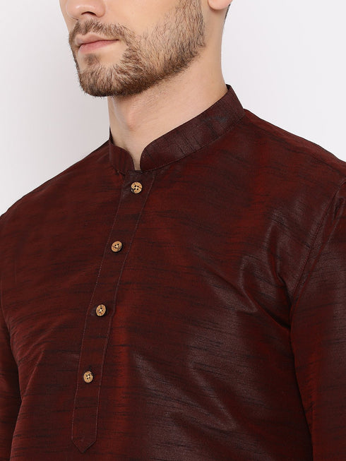 VASTRAMAY Men's Burgundy Silk Blend Kurta and Pyjama Set